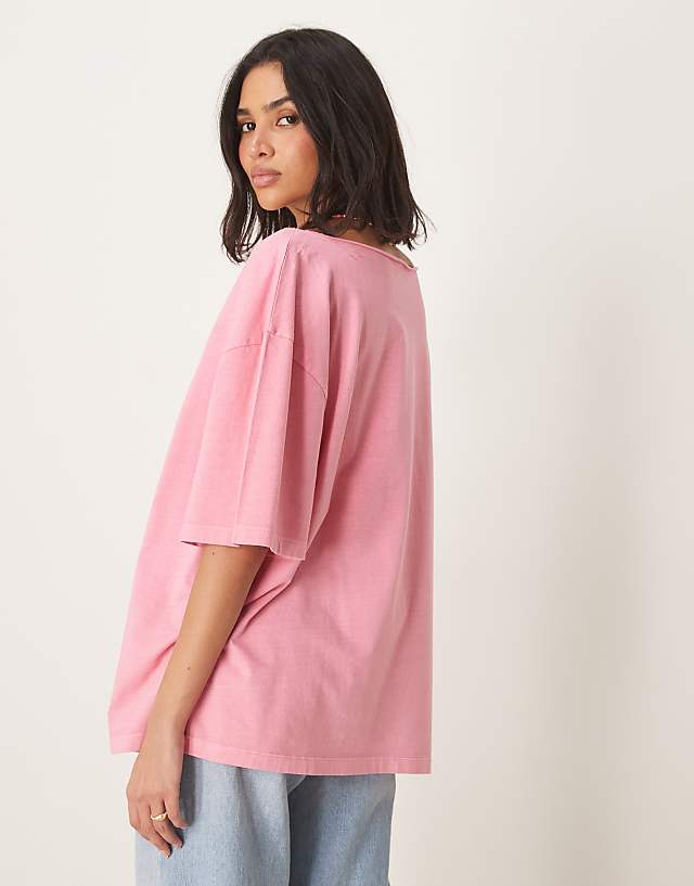 Asos ASOS DESIGN Slouchy Off Shoulder Oversized Tee In Washed Pink