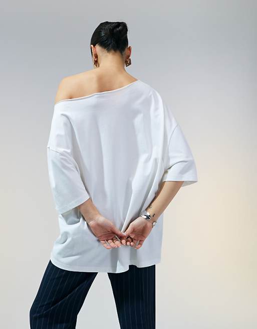 Asos ASOS DESIGN Slouchy Off Shoulder Oversized Tee In White