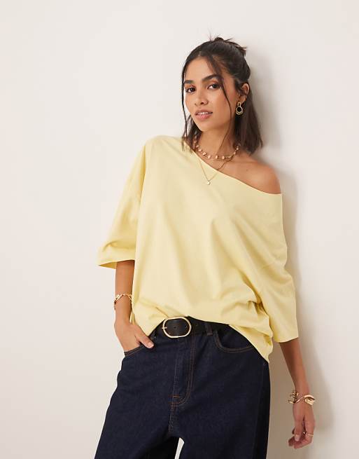 asos ASOS DESIGN slouchy off shoulder oversized tee in buttermilk