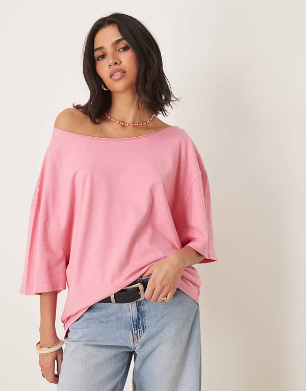 asos ASOS DESIGN slouchy off shoulder oversized tee in washed pink