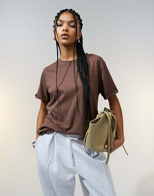 asos ASOS DESIGN slouchy raw edge regular fit washed t-shirt in chocolate