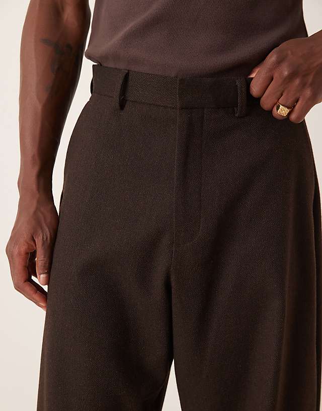 Asos ASOS DESIGN Smart Barrel Leg Trousers With Wool In Brown - BROWN