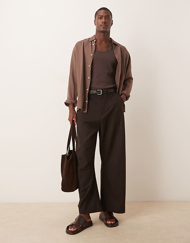 asos ASOS DESIGN smart barrel leg trousers with wool in brown - BROWN