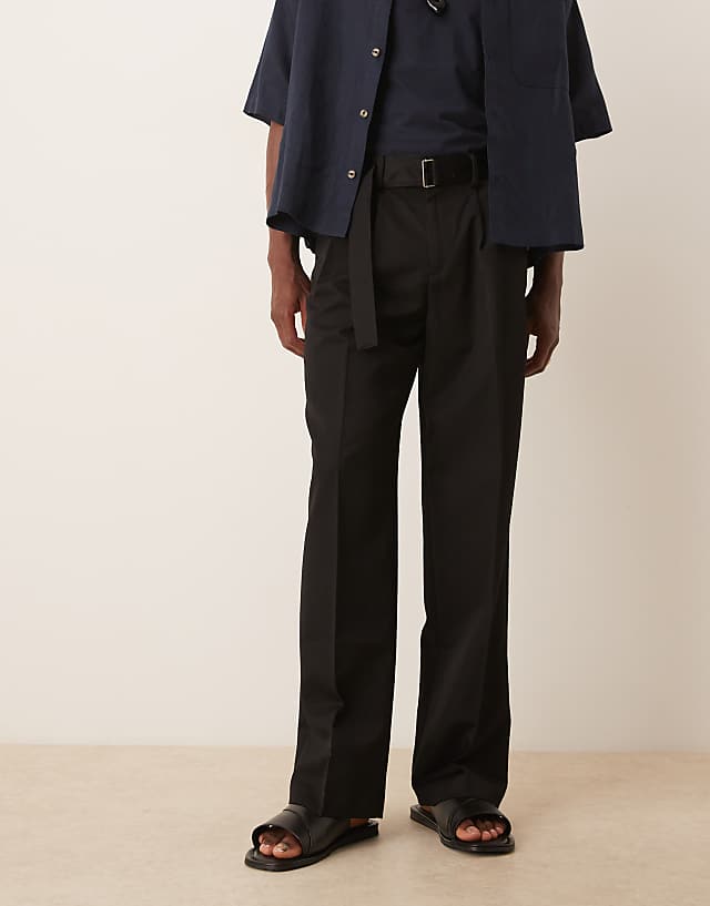 Asos ASOS DESIGN Smart Belted Wide Leg Trousers With Double Pleats In Black