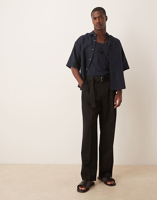 asos ASOS DESIGN smart belted wide leg trousers with double pleats in black