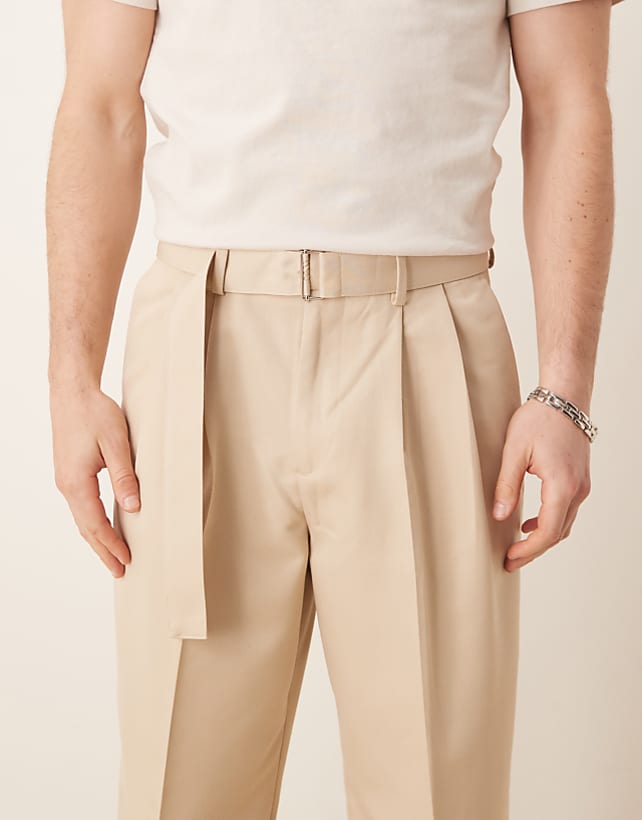 Asos ASOS DESIGN Smart Belted Wide Leg Trousers With Front Double Pleats In Beige