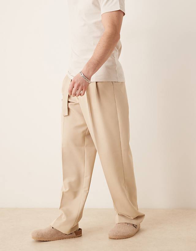 Asos ASOS DESIGN Smart Belted Wide Leg Trousers With Front Double Pleats In Beige