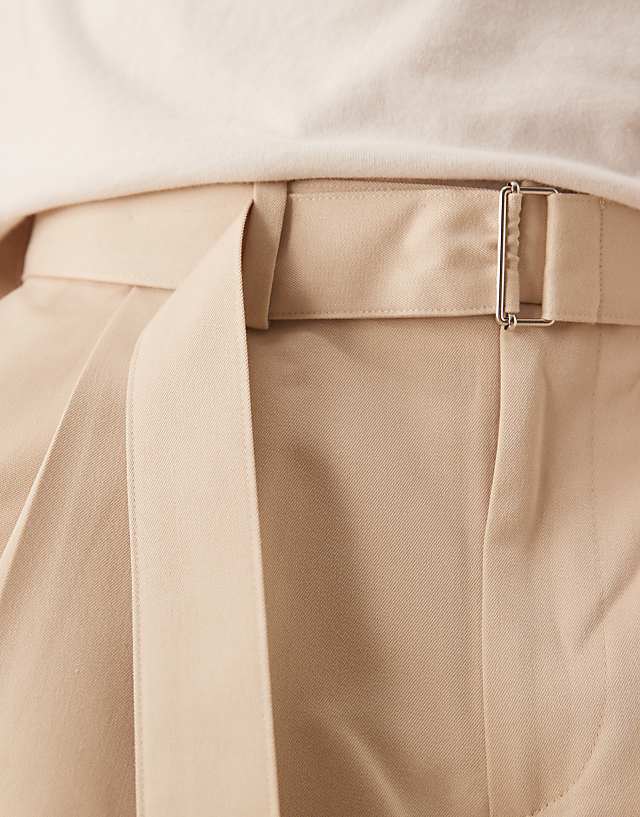 Asos ASOS DESIGN Smart Belted Wide Leg Trousers With Front Double Pleats In Beige