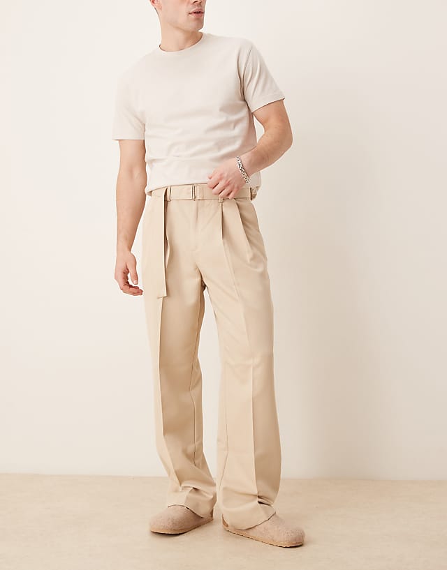 asos ASOS DESIGN smart belted wide leg trousers with front double pleats in beige
