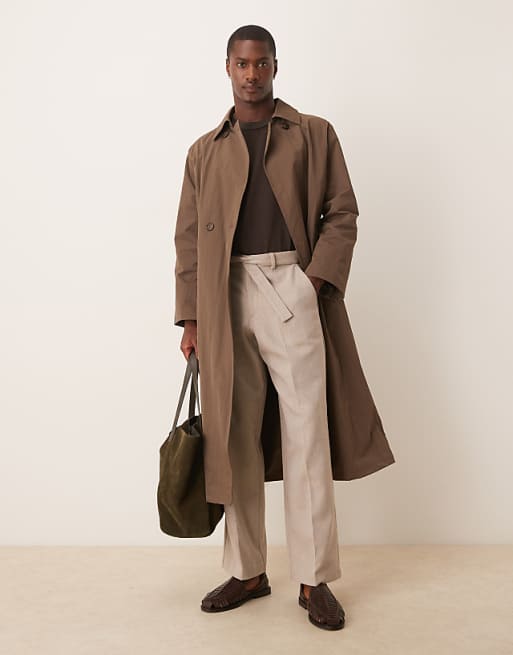 Asos ASOS DESIGN Smart Belted Wide Leg Trousers With Wool In Beige Herringbone