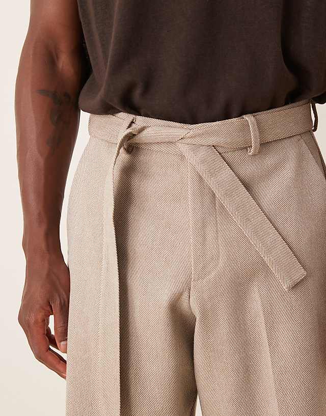 Asos ASOS DESIGN Smart Belted Wide Leg Trousers With Wool In Beige Herringbone