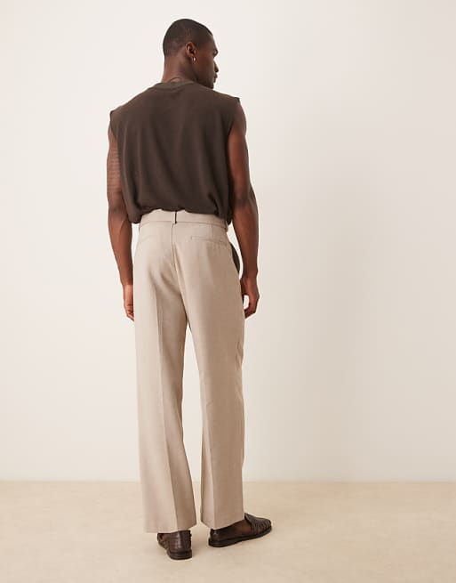 Asos ASOS DESIGN Smart Belted Wide Leg Trousers With Wool In Beige Herringbone