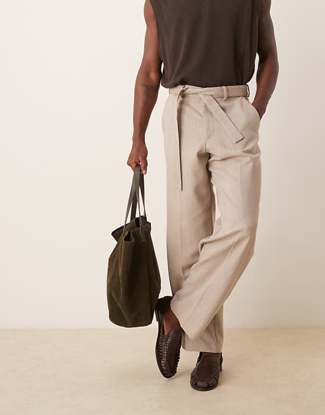 asos ASOS DESIGN smart belted wide leg trousers with wool in beige herringbone