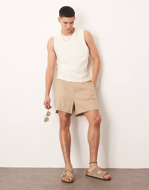 Asos ASOS DESIGN Smart Bermuda Crop Linen Blend Shorts In Dark Stone