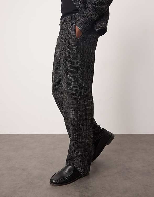 asos ASOS DESIGN smart co-ord boucle wide trousers in black glitter with elasticated waist