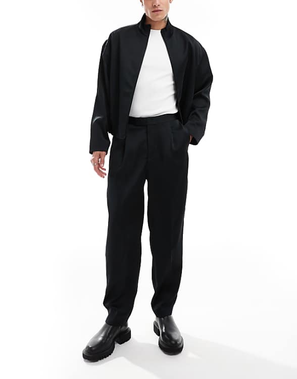 asos ASOS DESIGN smart co-ord oversized tapered trousers in black satin with elasticated waist