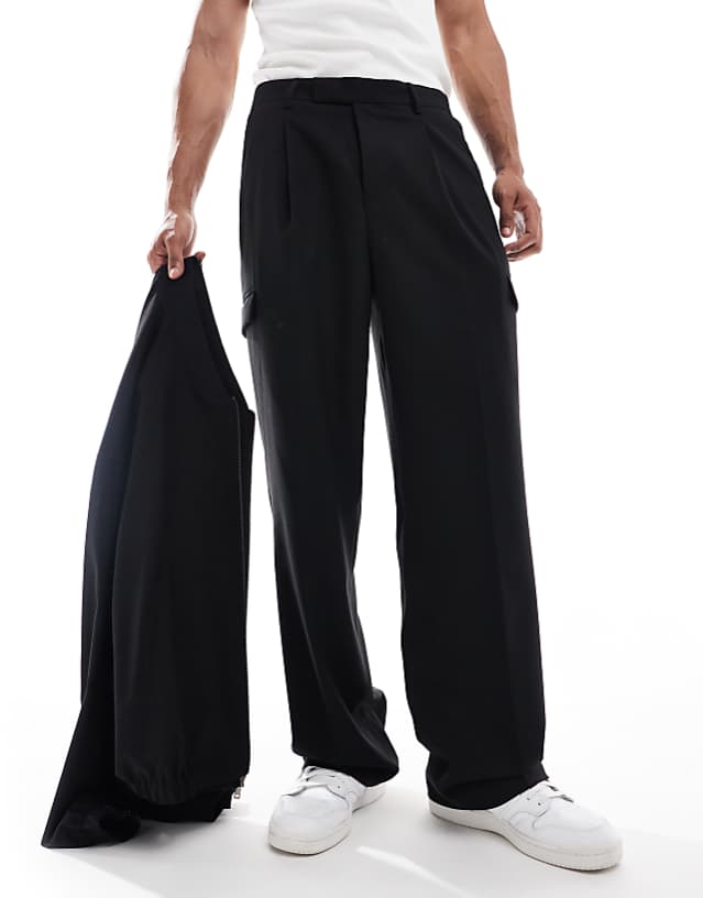Asos ASOS DESIGN Smart Co-ord Wide Leg Cargo Trousers In Black