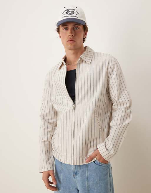 asos ASOS DESIGN smart cotton blend harrington jacket in white pinstripe
