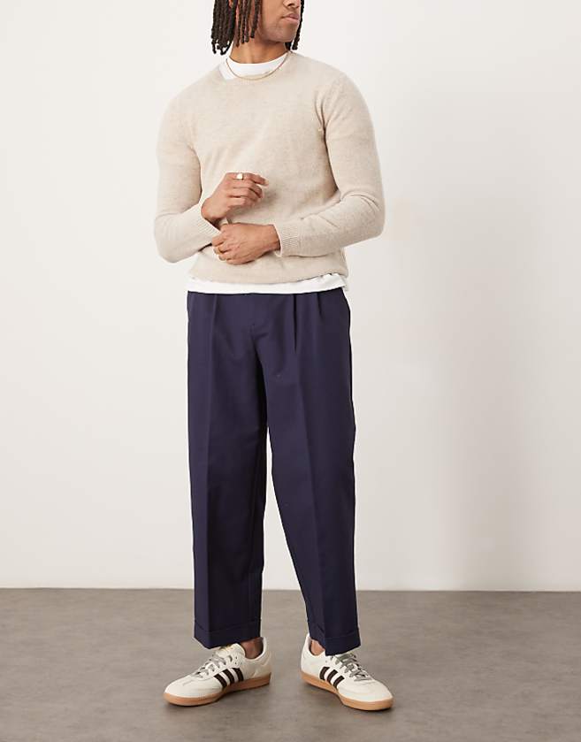 asos ASOS DESIGN smart cropped balloon cotton chinos in navy