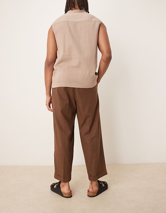 Asos ASOS DESIGN Smart Cropped Balloon Linen Blend Trousers With Front Pleat In Brown