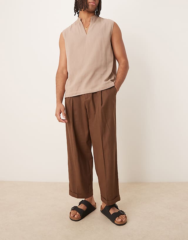 Asos ASOS DESIGN Smart Cropped Balloon Linen Blend Trousers With Front Pleat In Brown