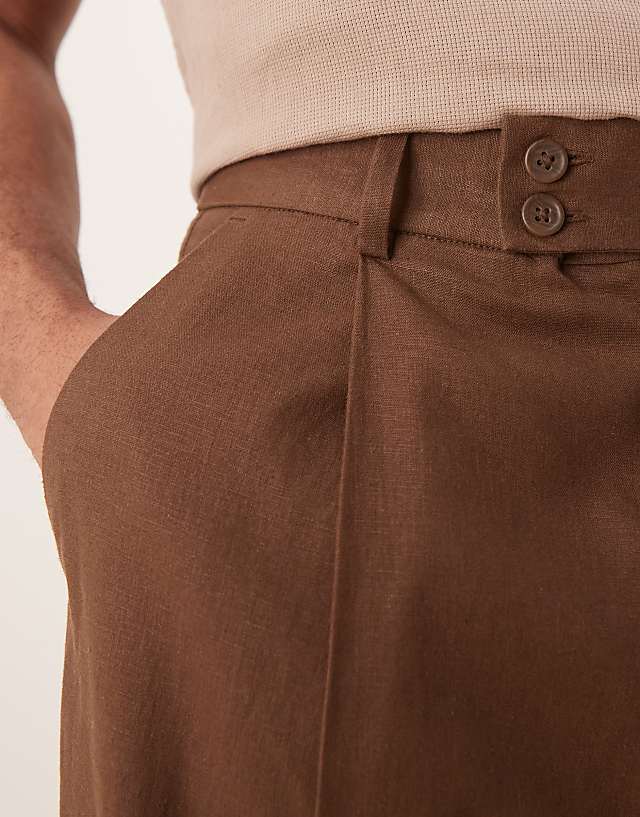 Asos ASOS DESIGN Smart Cropped Balloon Linen Blend Trousers With Front Pleat In Brown