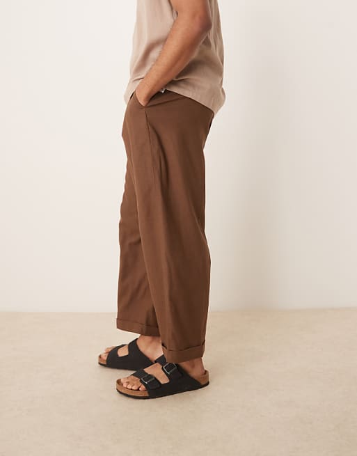 asos ASOS DESIGN smart cropped balloon linen blend trousers with front pleat in brown