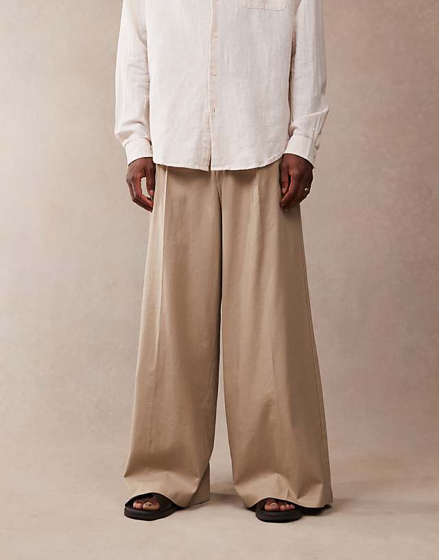 Asos ASOS DESIGN Smart Extreme Wide Leg Linen Blend Trousers With Front Pleat In Dark Stone