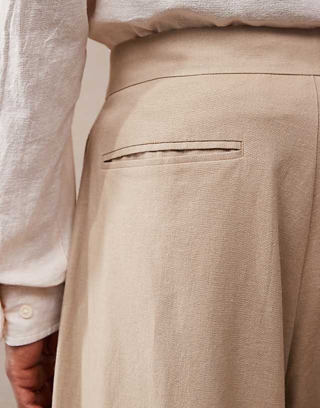 Asos ASOS DESIGN Smart Extreme Wide Leg Linen Blend Trousers With Front Pleat In Dark Stone