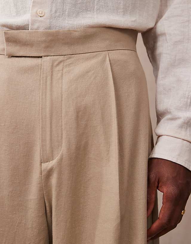 Asos ASOS DESIGN Smart Extreme Wide Leg Linen Blend Trousers With Front Pleat In Dark Stone