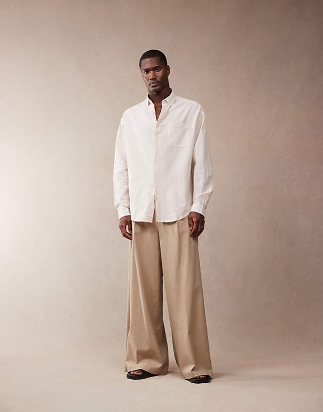 asos ASOS DESIGN smart extreme wide leg linen blend trousers with front pleat in dark stone
