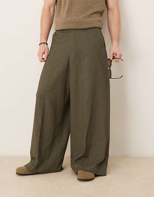 Asos ASOS DESIGN Smart Extreme Wide Leg Trousers In Dark Green Slub