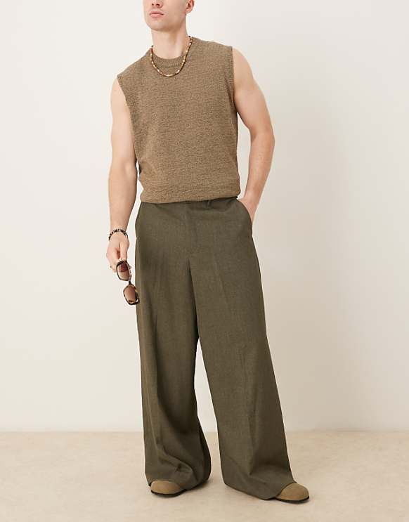 asos ASOS DESIGN smart extreme wide leg trousers in dark green slub