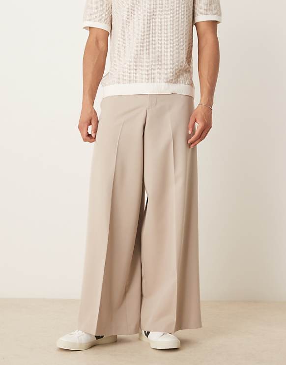 asos ASOS DESIGN smart extreme wide leg trousers with front pleat in stone