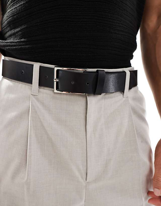 asos ASOS DESIGN smart faux leather belt with silver buckle in black