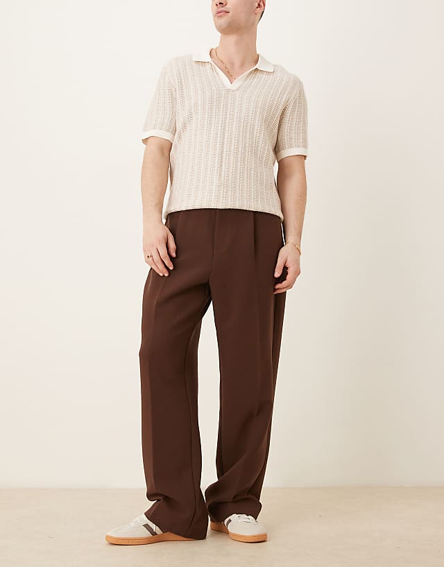 Asos ASOS DESIGN Smart Half Elasticated Wide Leg Trousers With Front Pleat And Chunky Belt Loops In Brown