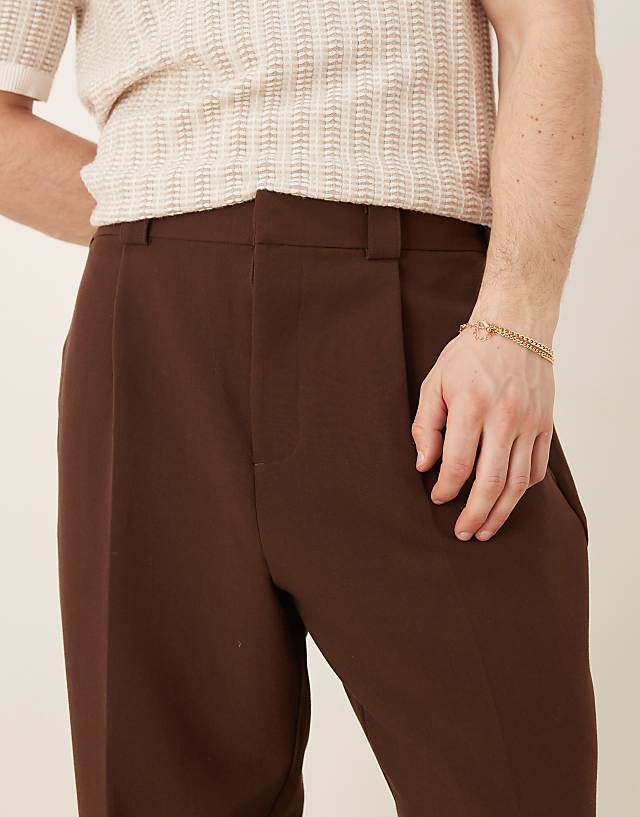 Asos ASOS DESIGN Smart Half Elasticated Wide Leg Trousers With Front Pleat And Chunky Belt Loops In Brown