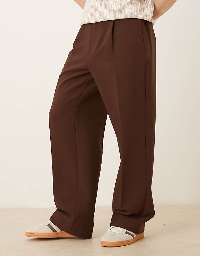 asos ASOS DESIGN smart half elasticated wide leg trousers with front pleat and chunky belt loops in brown