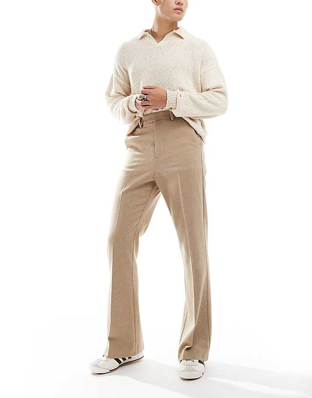 asos ASOS DESIGN smart high waist flared wool mix trousers in stone