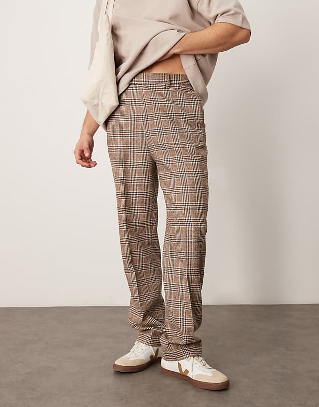 Asos ASOS DESIGN Smart High Waist Straight Leg Wool Blend Trousers In Brown Check