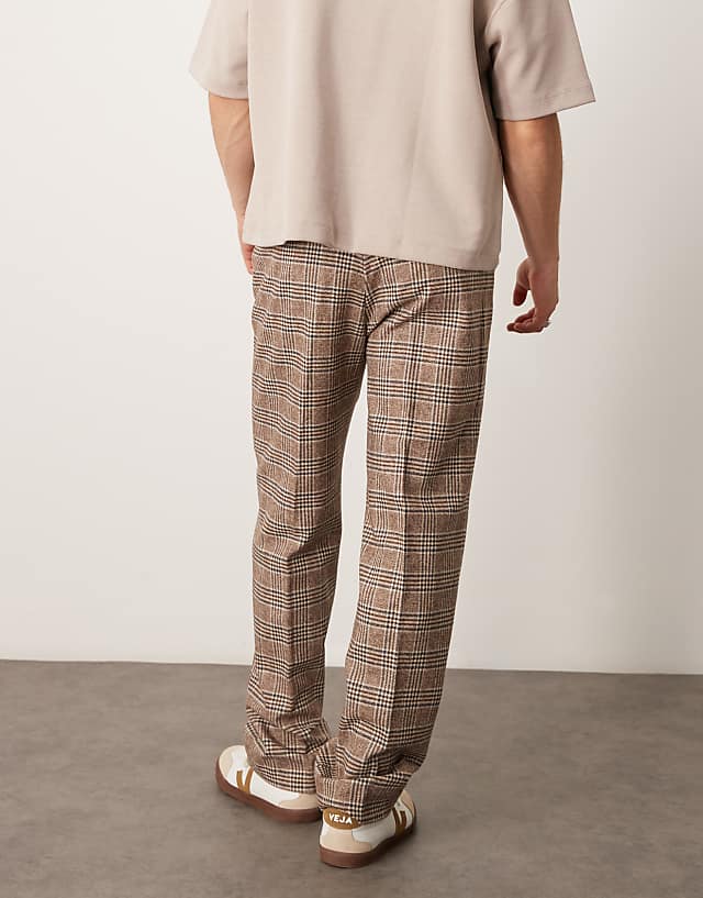 Asos ASOS DESIGN Smart High Waist Straight Leg Wool Blend Trousers In Brown Check