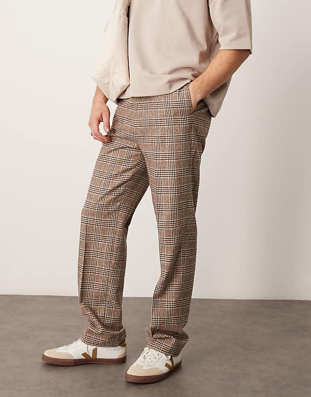 asos ASOS DESIGN smart high waist straight leg wool blend trousers in brown check