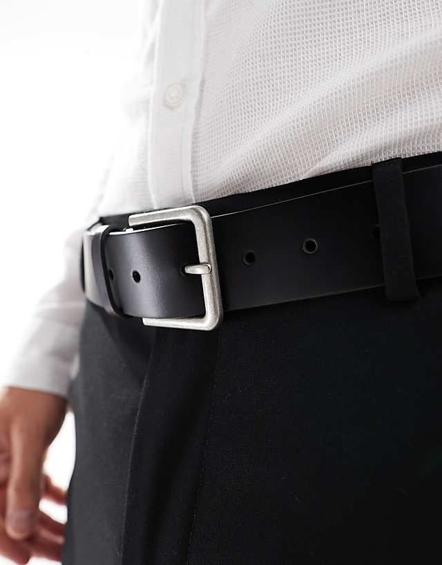 Asos ASOS DESIGN Smart Leather Belt With Burnished Silver Buckle In Black
