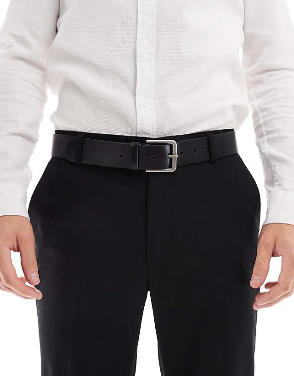 asos ASOS DESIGN smart leather belt with burnished silver buckle in black