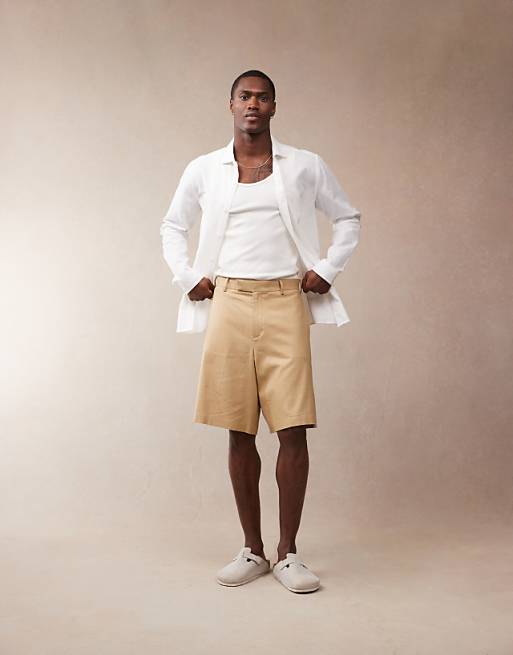 Asos ASOS DESIGN Smart Linen Blend Bermuda Shorts In Tan