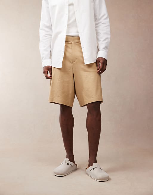 asos ASOS DESIGN smart linen blend bermuda shorts in tan