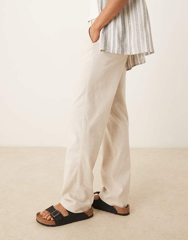asos ASOS DESIGN smart linen blend high waist straight leg trousers in cream