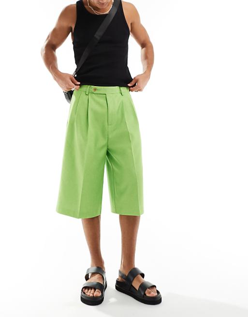 asos ASOS DESIGN smart linen blend longline shorts in bright green