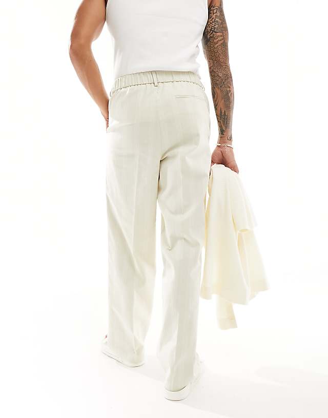 Asos ASOS DESIGN Smart Linen Blend Wide Leg Joggers In Neutral Stripe