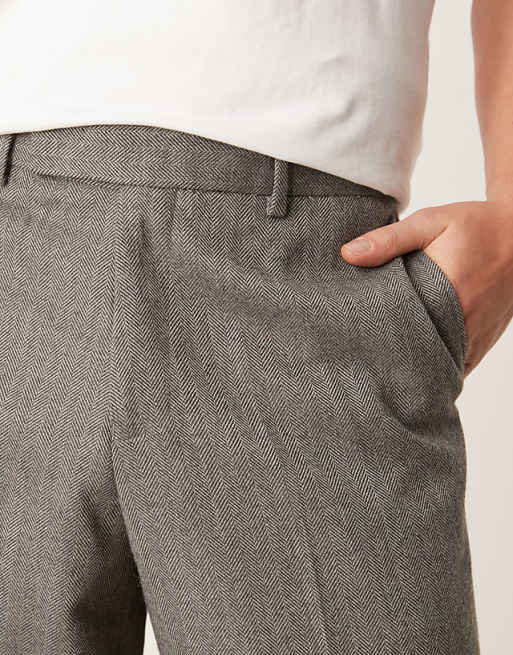 Asos ASOS DESIGN Smart Loose Fit Trousers In Grey Wool Look Herringbone